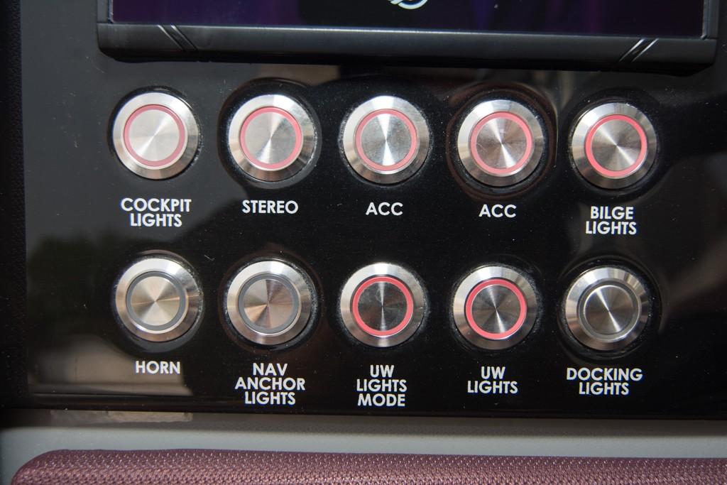 Control panel of a 2019 Donzi 41 GT boat with labeled buttons.