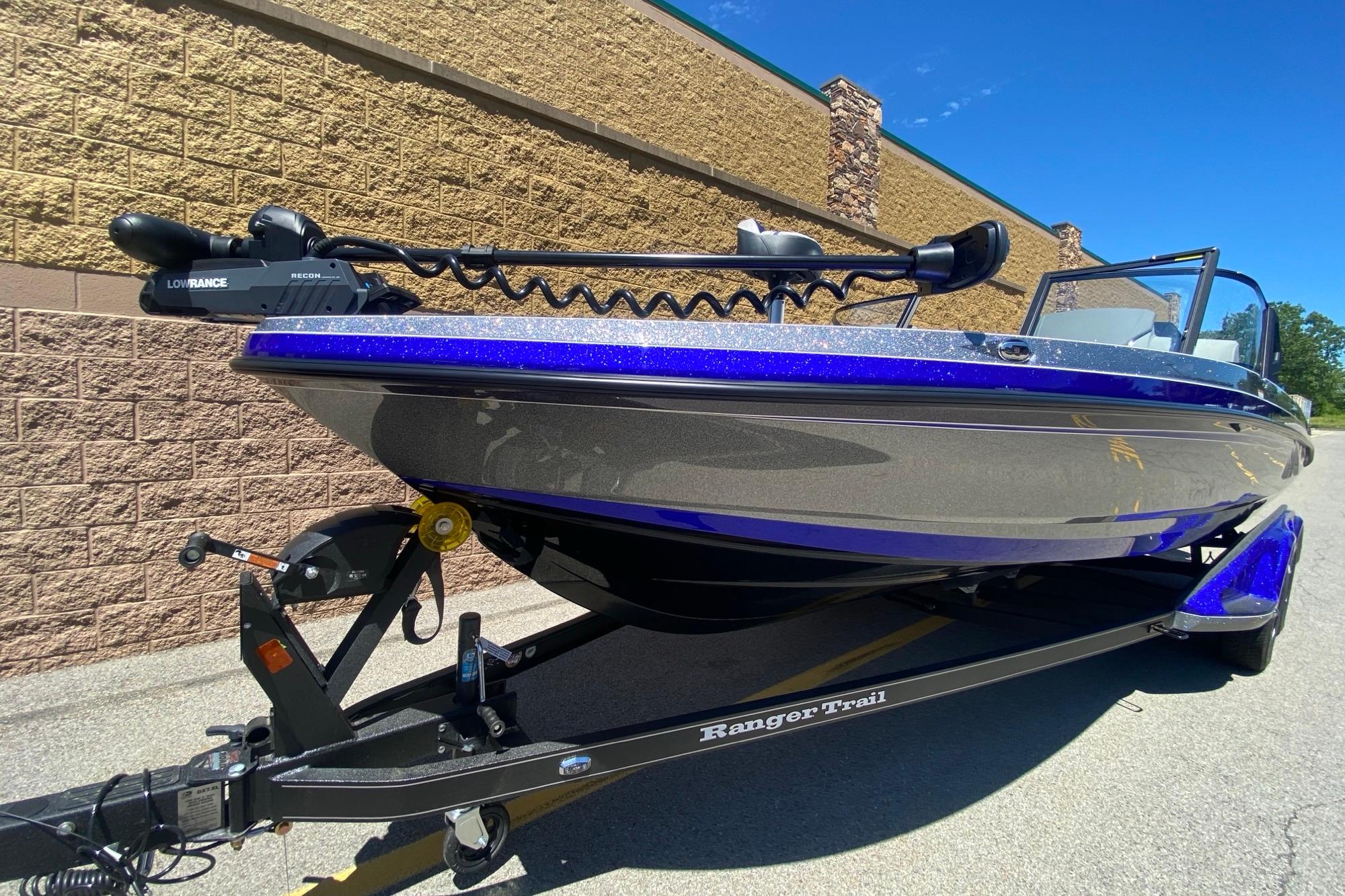 2026 Ranger 622FS Pro boat on trailer, featuring sleek design and vibrant blue accents.