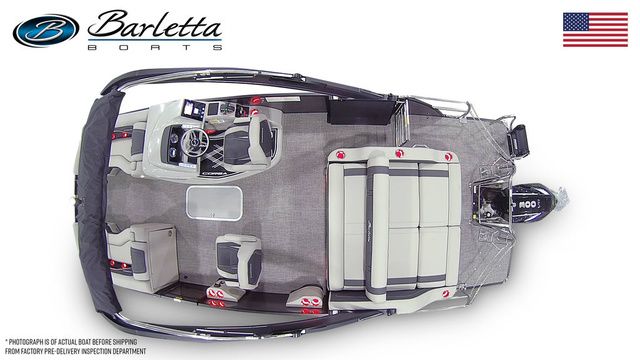 2026 Barletta Corsa 23UCA boat, top view, showcasing seating and helm layout.
