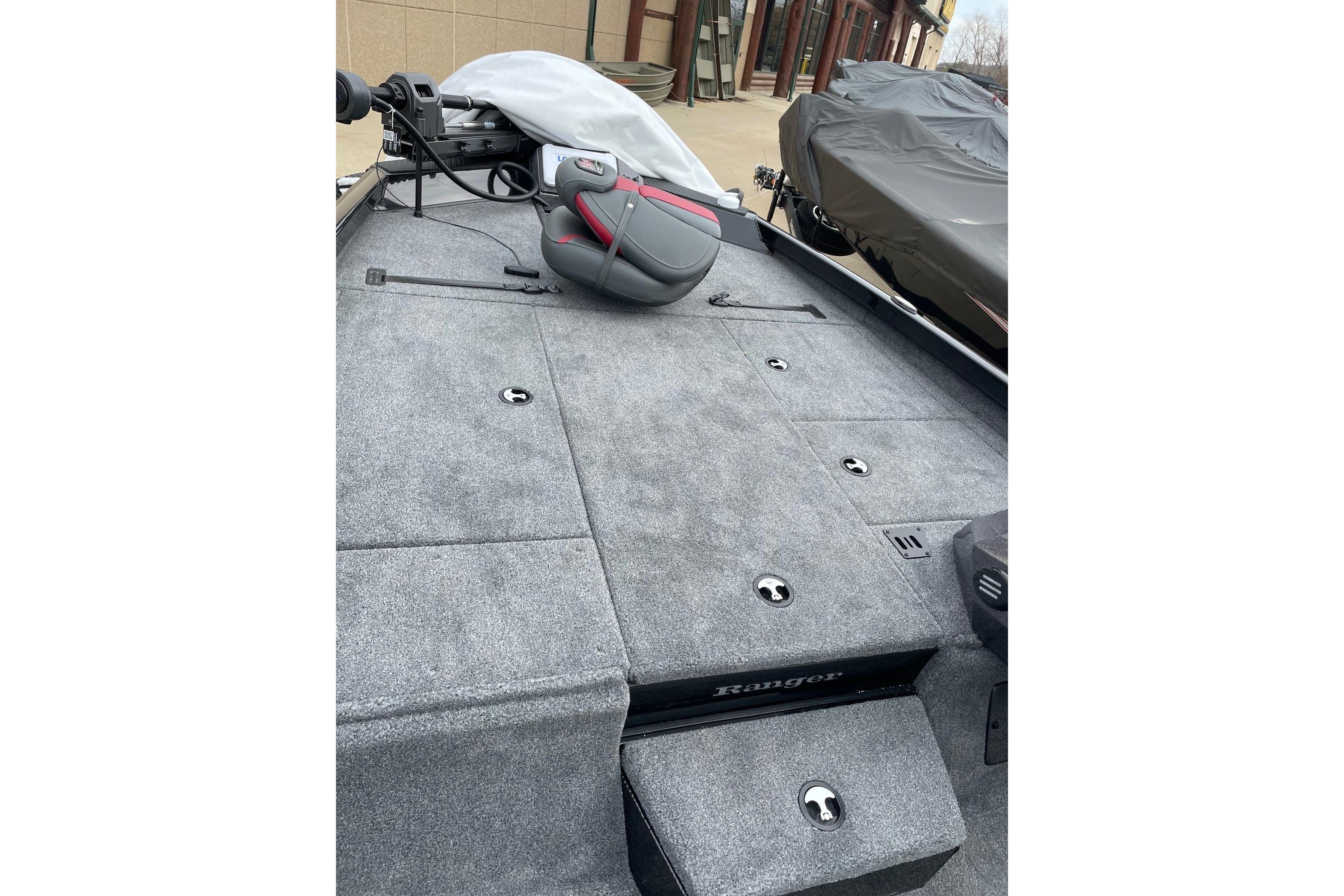 2026 Ranger RT188P boat interior with gray carpet and seating.