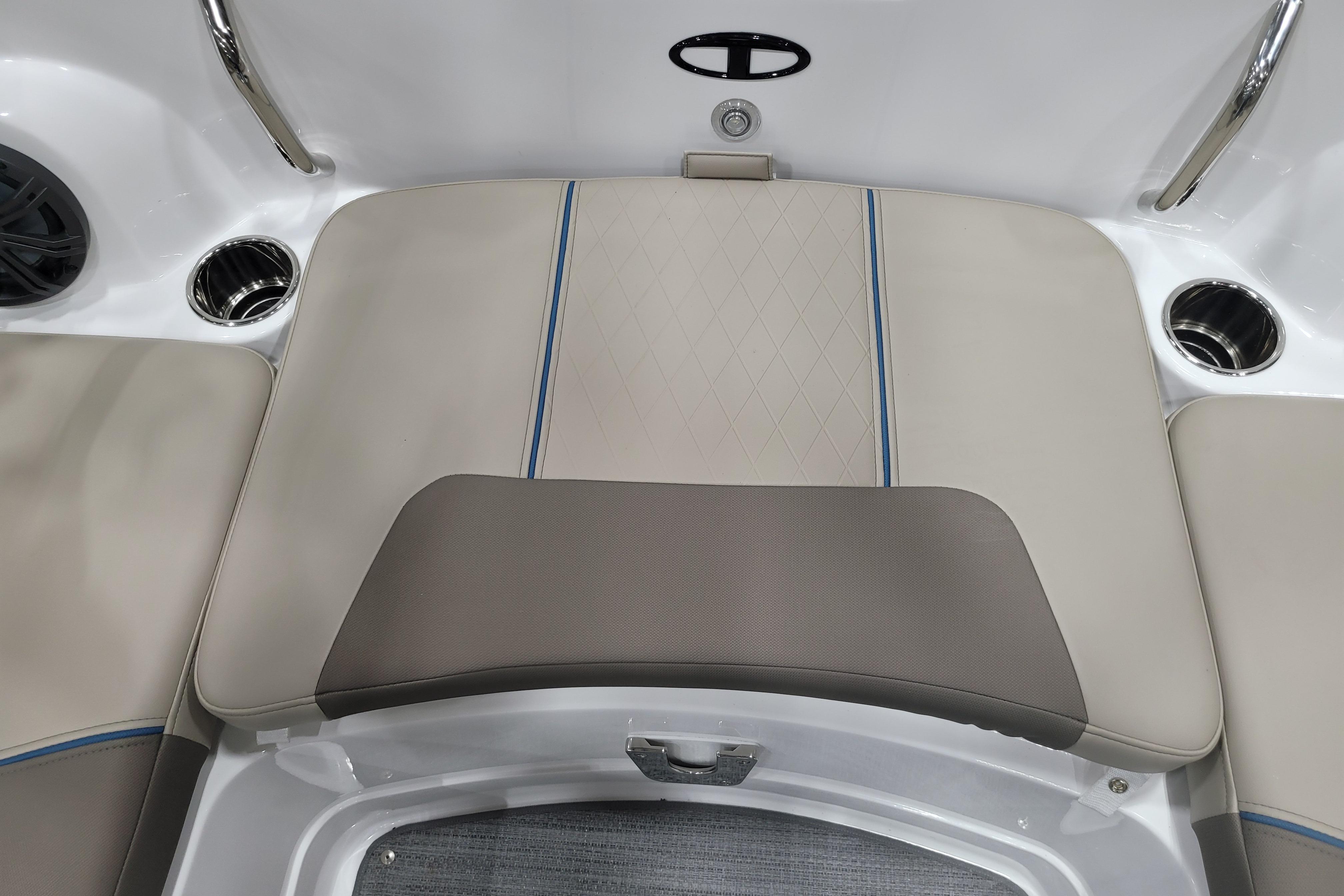 2026 Tahoe 2150 boat interior seating with cup holders and sleek design.