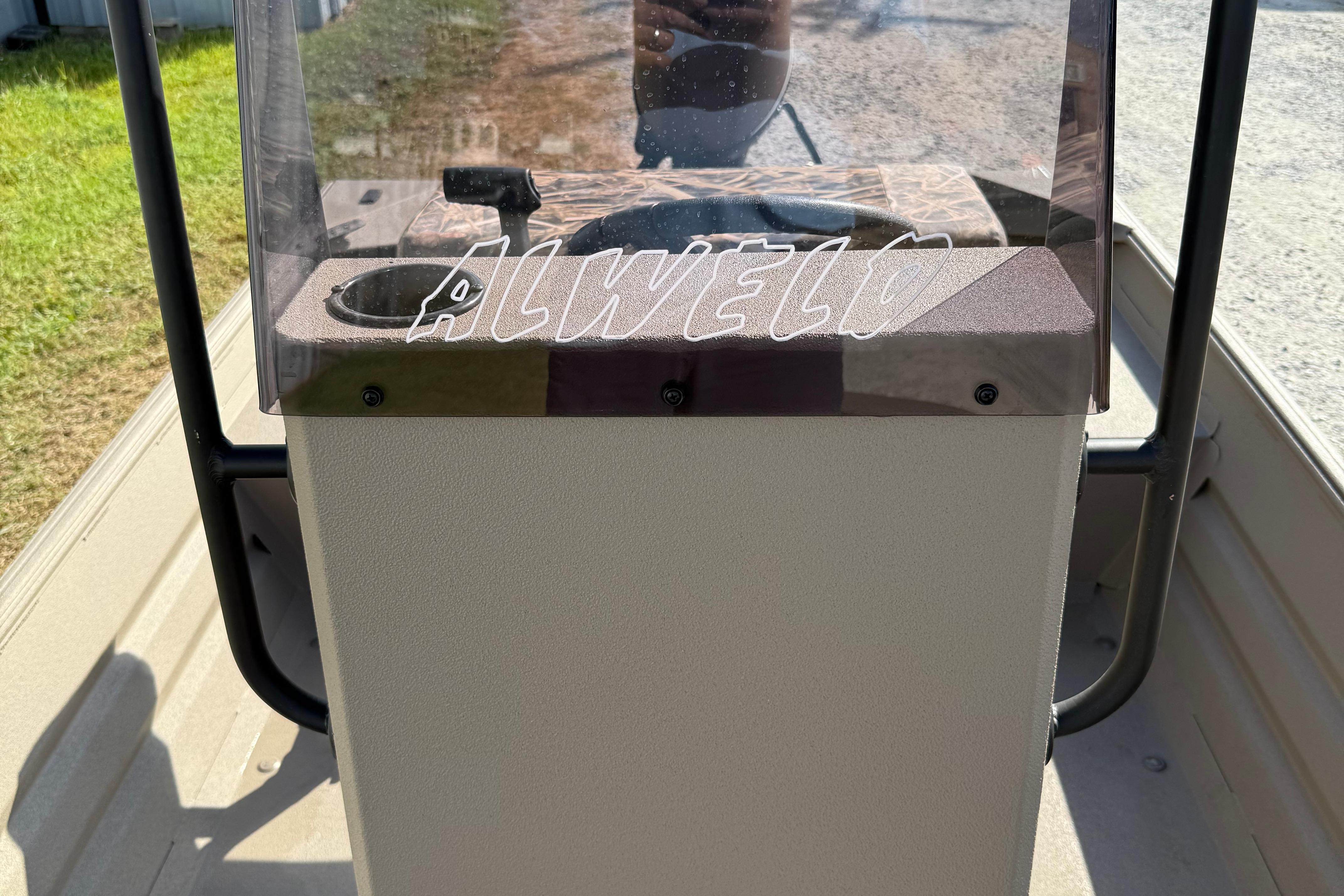 2025 Alweld 1756 V MARSH C.C. boat console with windshield and cup holder.
