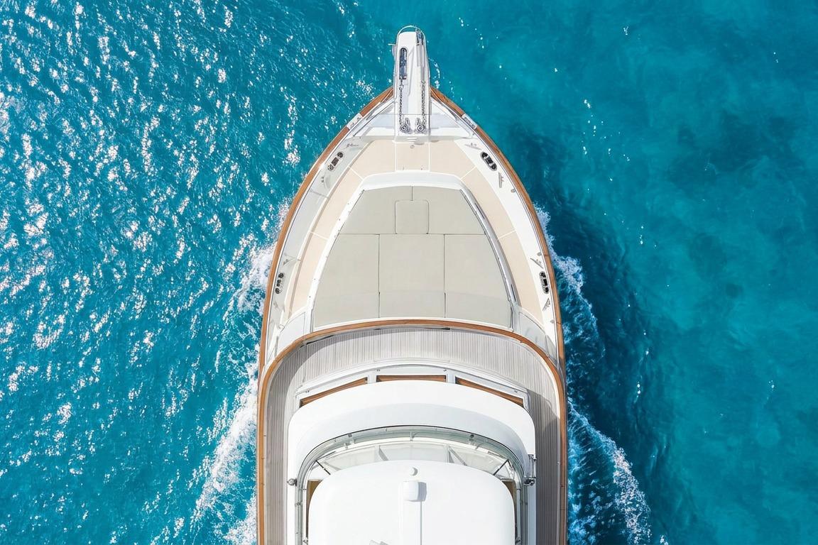 Aerial view of 2006 Fleming 75 yacht cruising in clear blue ocean waters.