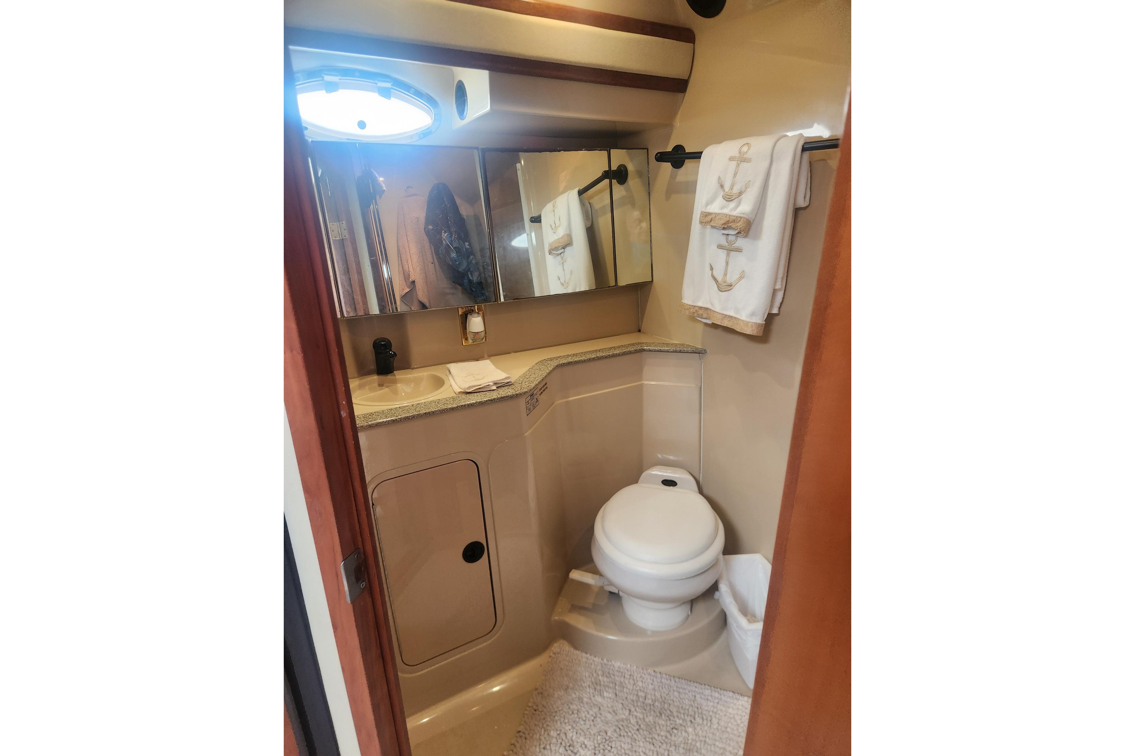 2002 Cruisers Yachts 3870 Express bathroom with toilet, sink, and nautical-themed towels.