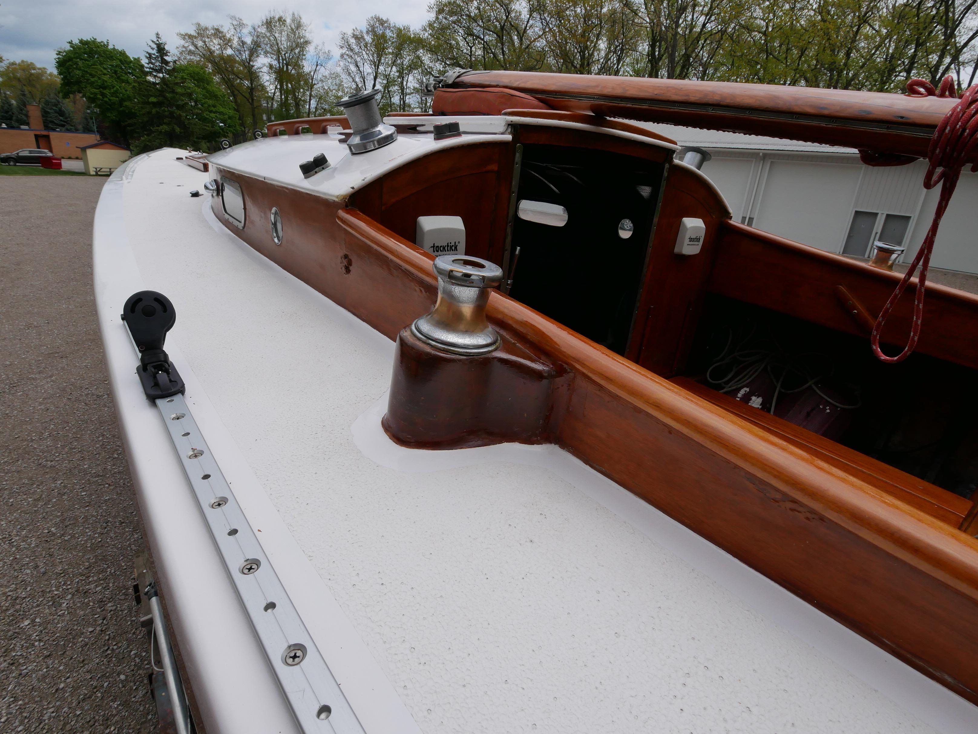 1935 Custom 44' 30-Square Meter Sailing Yacht deck with wooden trim and winches.