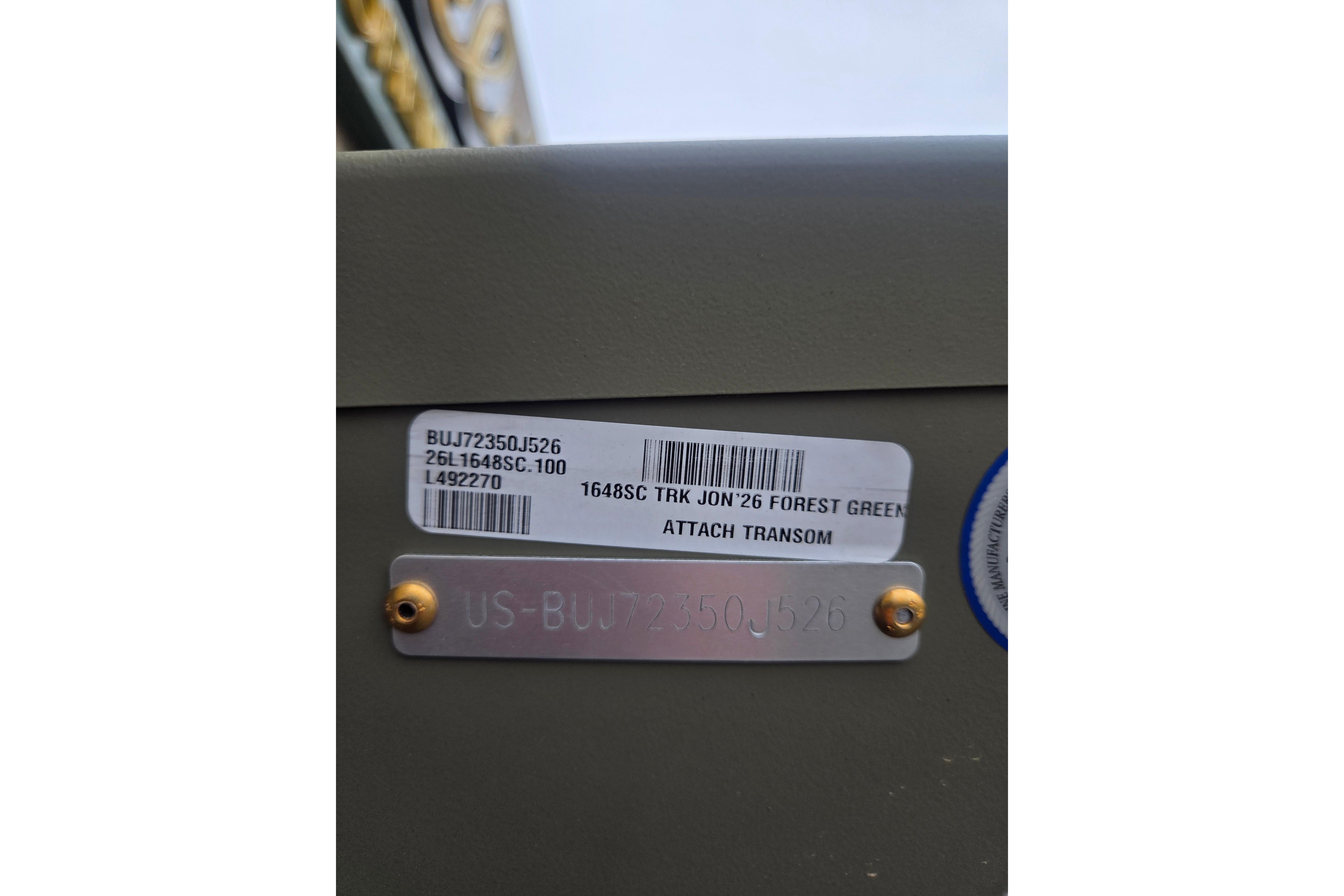 2026 Tracker Grizzly 1648 SC boat identification plate with serial number and model details.