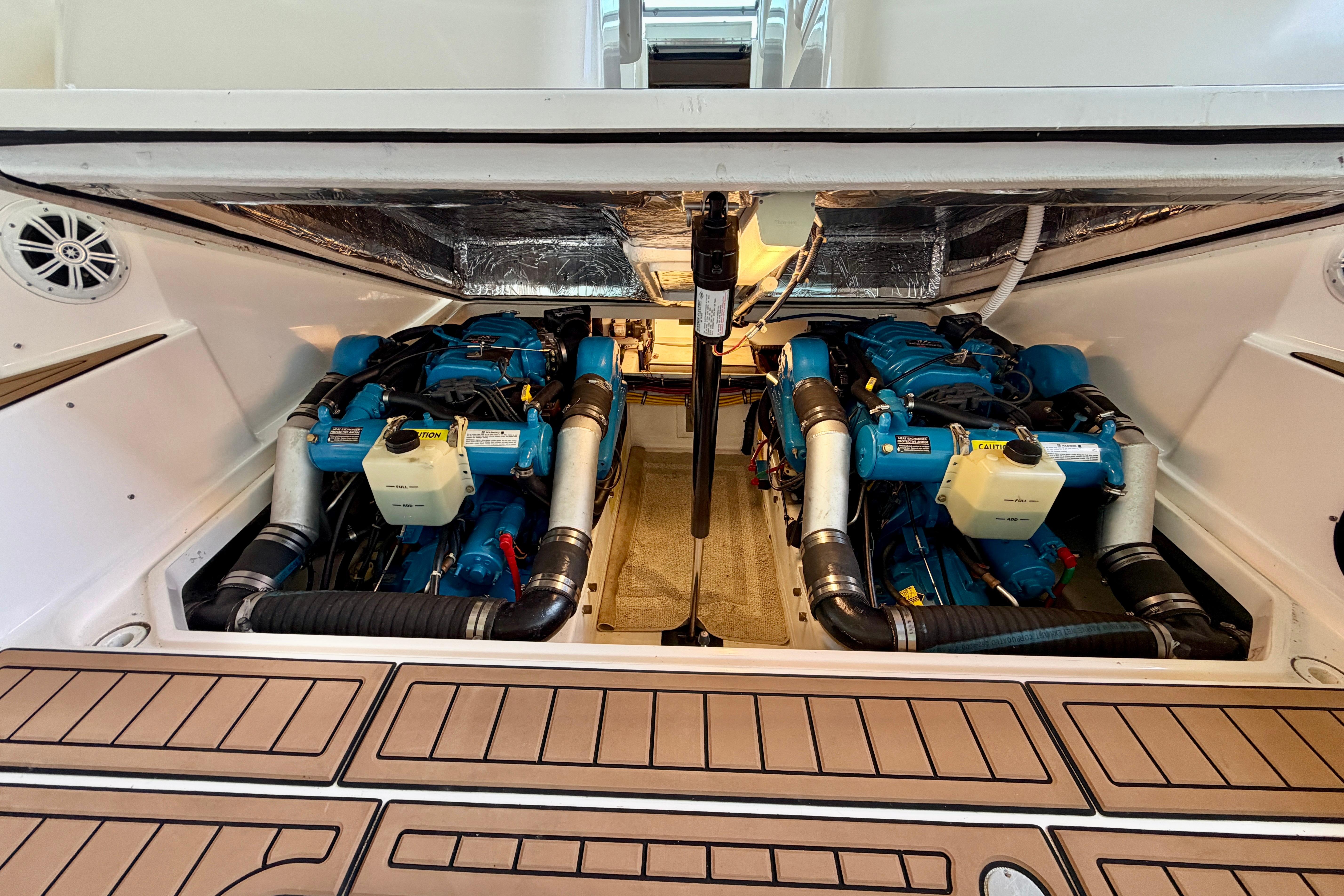 Engine compartment of a 1999 Tiara Yachts 2900 Coronet with twin engines.