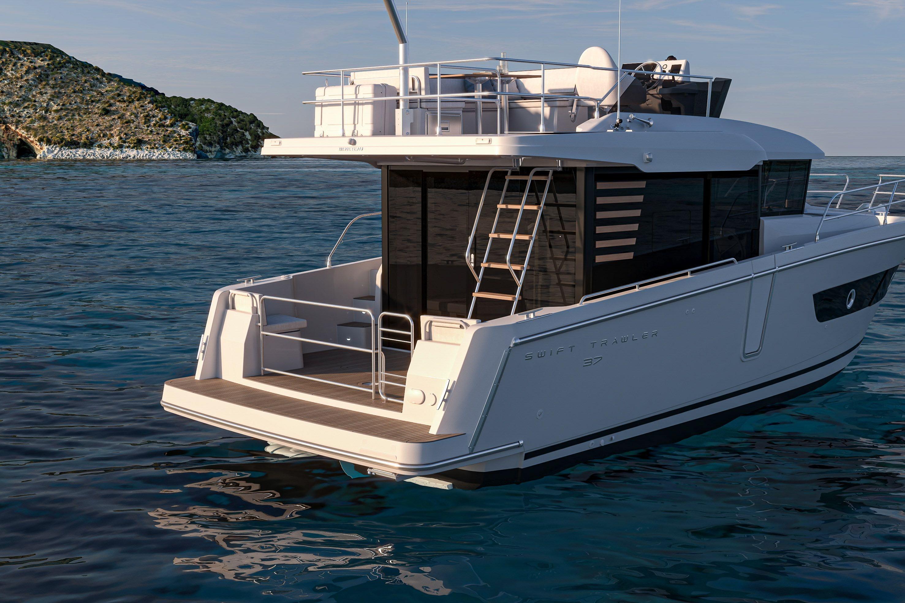 2026 Beneteau Swift Trawler 37 Fly on serene ocean waters near rocky coastline.