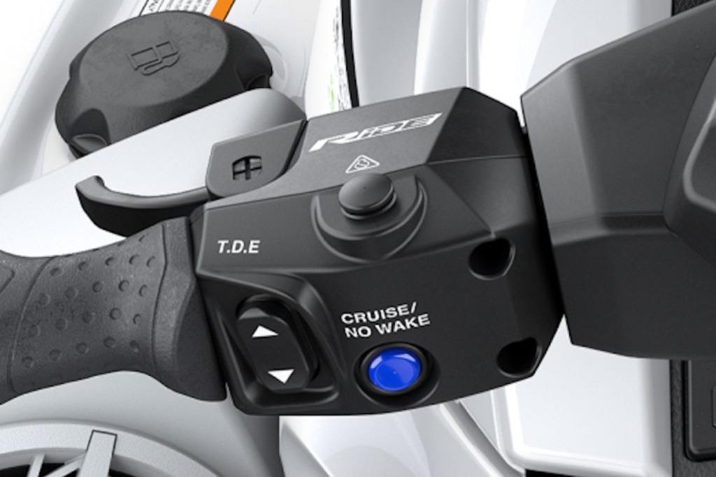 Close-up of 2026 Yamaha WaveRunner VX Deluxe handlebar controls, featuring cruise and no wake buttons.