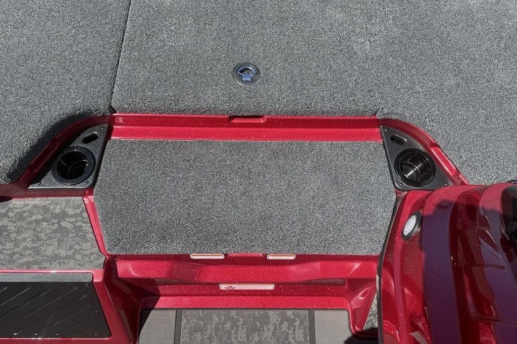 Interior of 2026 Nitro Z20 XL Pro boat with red accents and carpeted flooring.