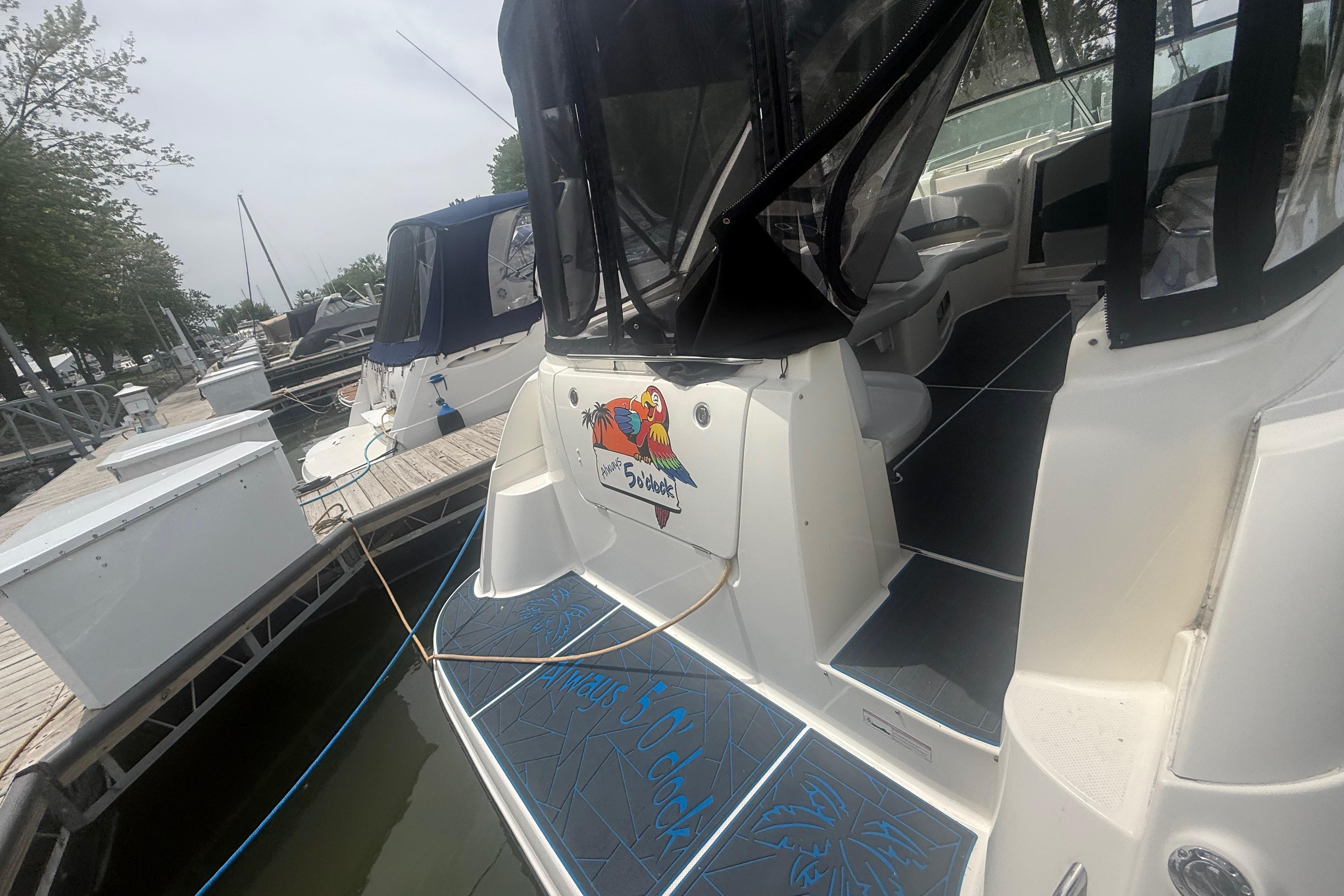 2008 Bayliner 320 boat docked, featuring a colorful parrot design on the stern.