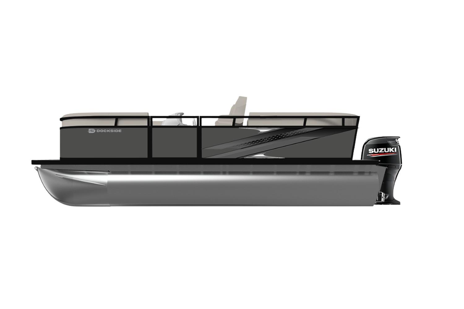 2026 Dockside 22DQ pontoon boat with Suzuki outboard motor, side view.
