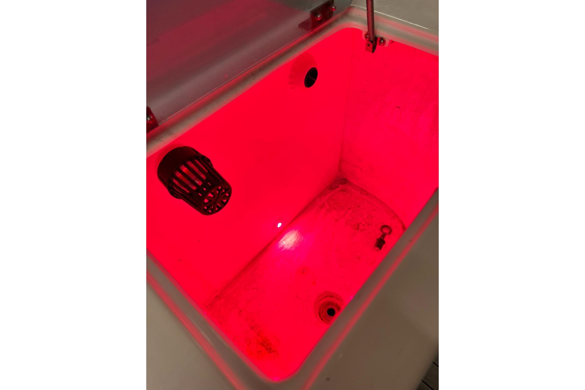 Red-lit compartment in 2021 Custom Infusion 34 CC boat.