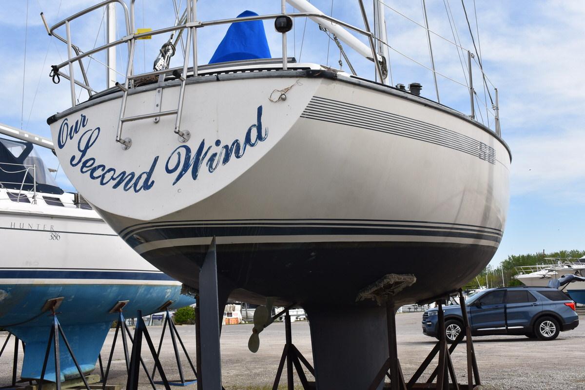 1987 S2 9.2A sailboat on a stand, out of the water.