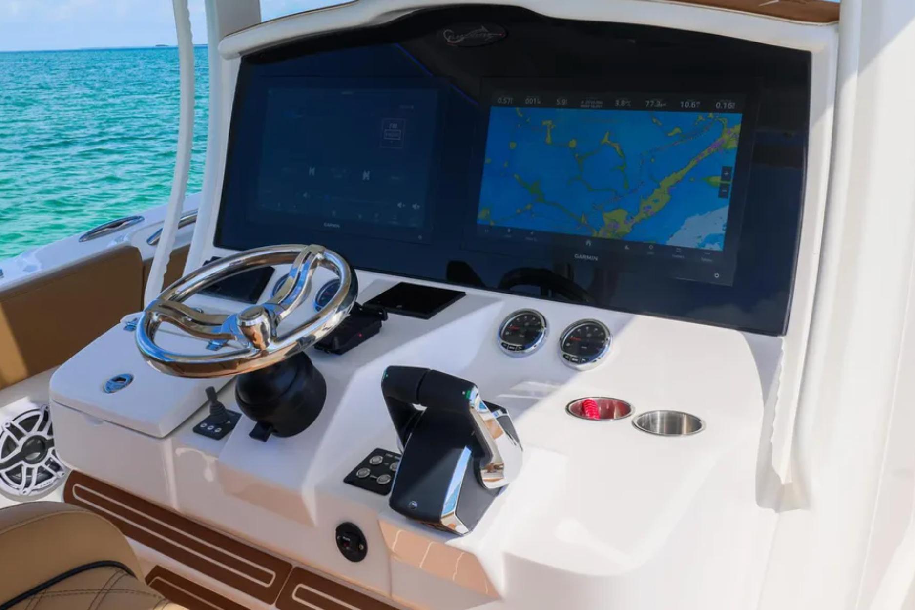 2025 Blackwater 41 Performance Fish boat dashboard with navigation display and controls.