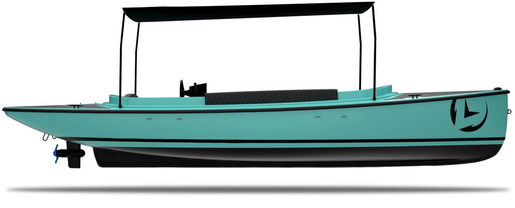 2023 Vision Marine Technologies Fantail 217 electric boat, turquoise with canopy, side view.