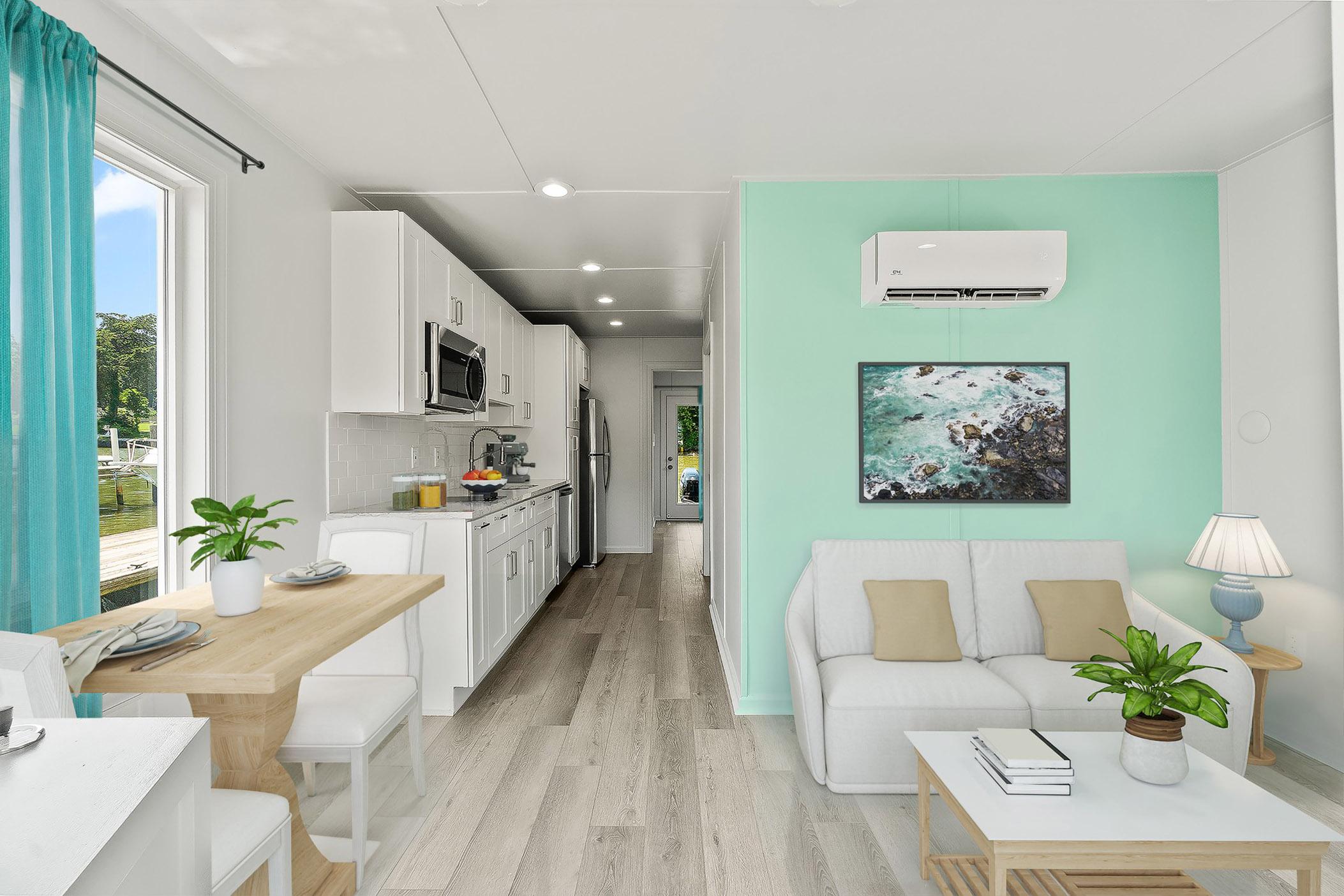 Modern interior of Hank's 40 Houseboat, 2025 model, featuring a cozy living area and kitchen.