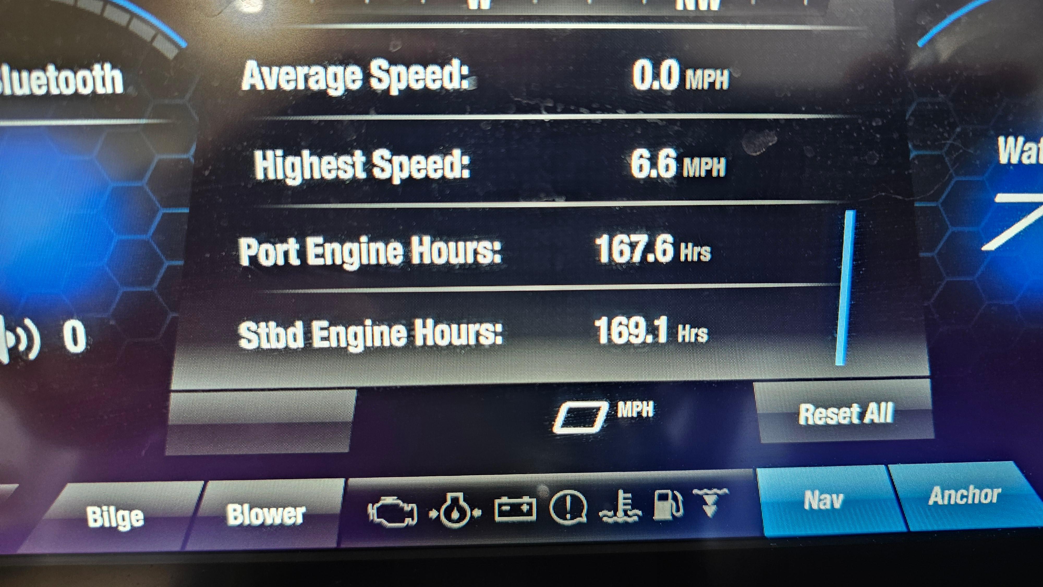 Dashboard of 2021 Yamaha Boats 212SD showing engine hours and speed metrics.