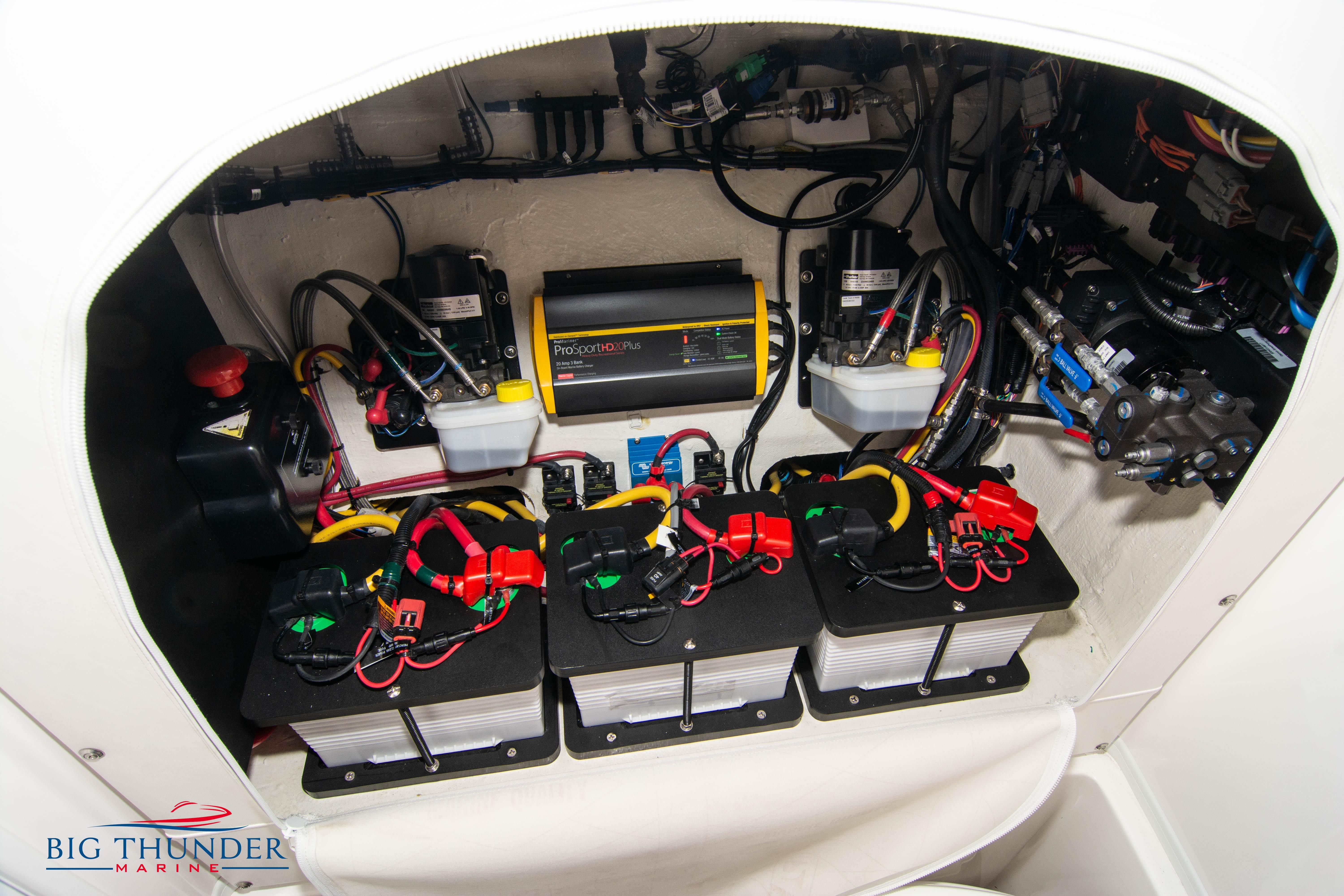 2023 Fountain 34 Center Console boat electrical system with batteries and wiring.