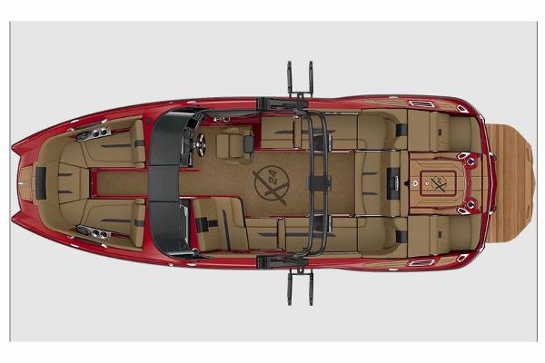 Manufacturer Provided Image: 2023 MasterCraft X24 boat interior, top view, red and tan upholstery.
