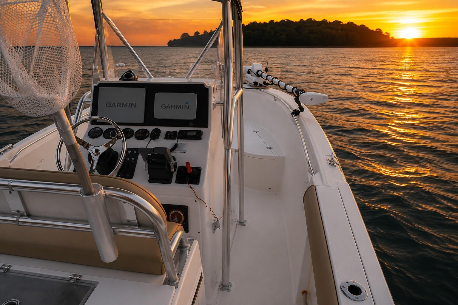 Edgewater 245CC boat at sunset, featuring Garmin navigation systems, 2004 model.