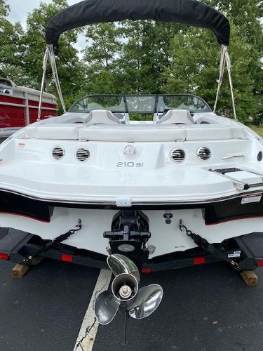 2024 Tahoe 210 Si boat, rear view, on trailer.