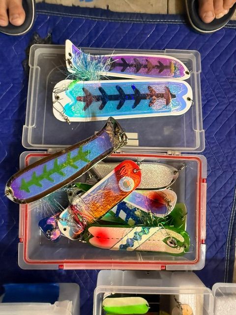A collection of colorful fishing lures in a box.