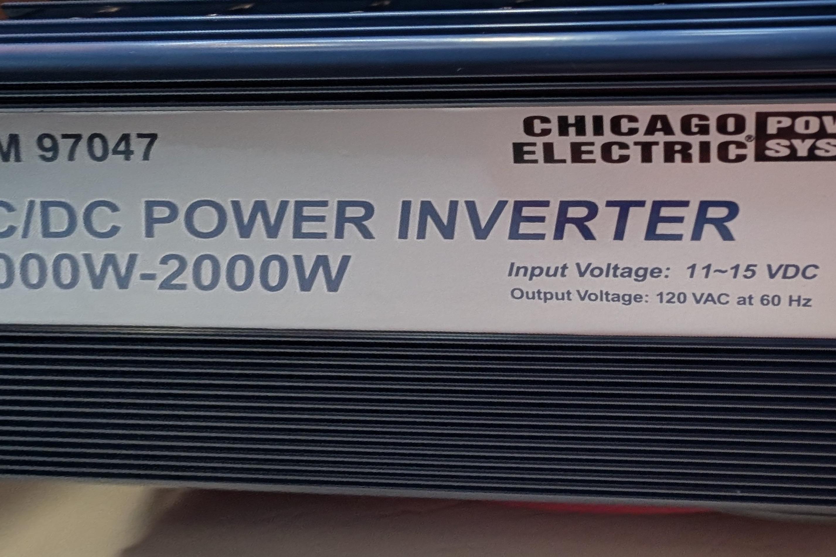 Chicago Electric power inverter, 1000W-2000W, input 11-15 VDC, output 120 VAC, model 97047.