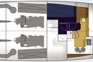 Floor plan of a 2005 Hardy Commodore 50 yacht, showing engine and living areas.