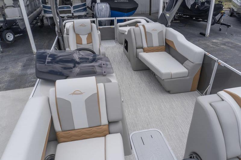 2026 SunCatcher Elite 326 SS pontoon boat interior with luxurious seating and modern design.
