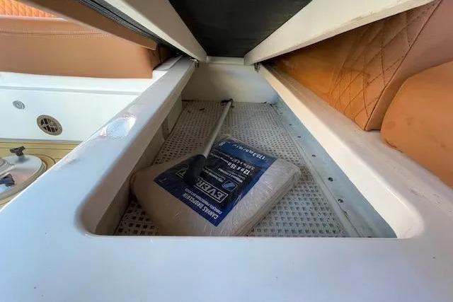 Storage compartment in a 2016 Sea Ray Sundancer 510 yacht with cleaning supplies.