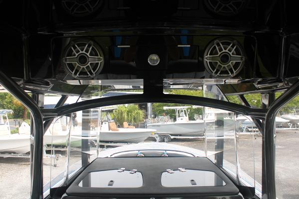 2024 Fountain 34 SC boat interior with speakers and sleek design.