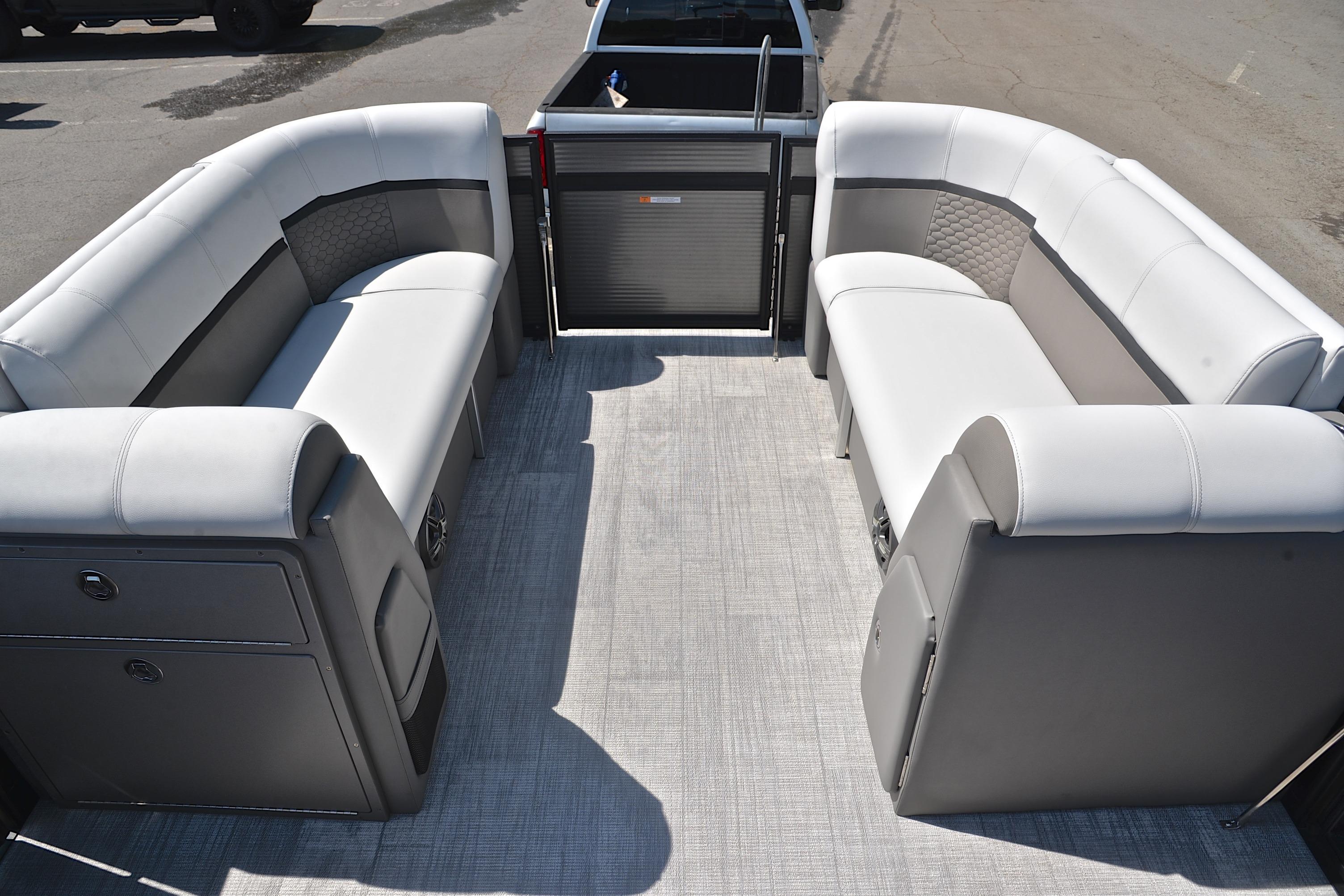 2022 Qwest E822 pontoon boat interior with gray seating and flooring.