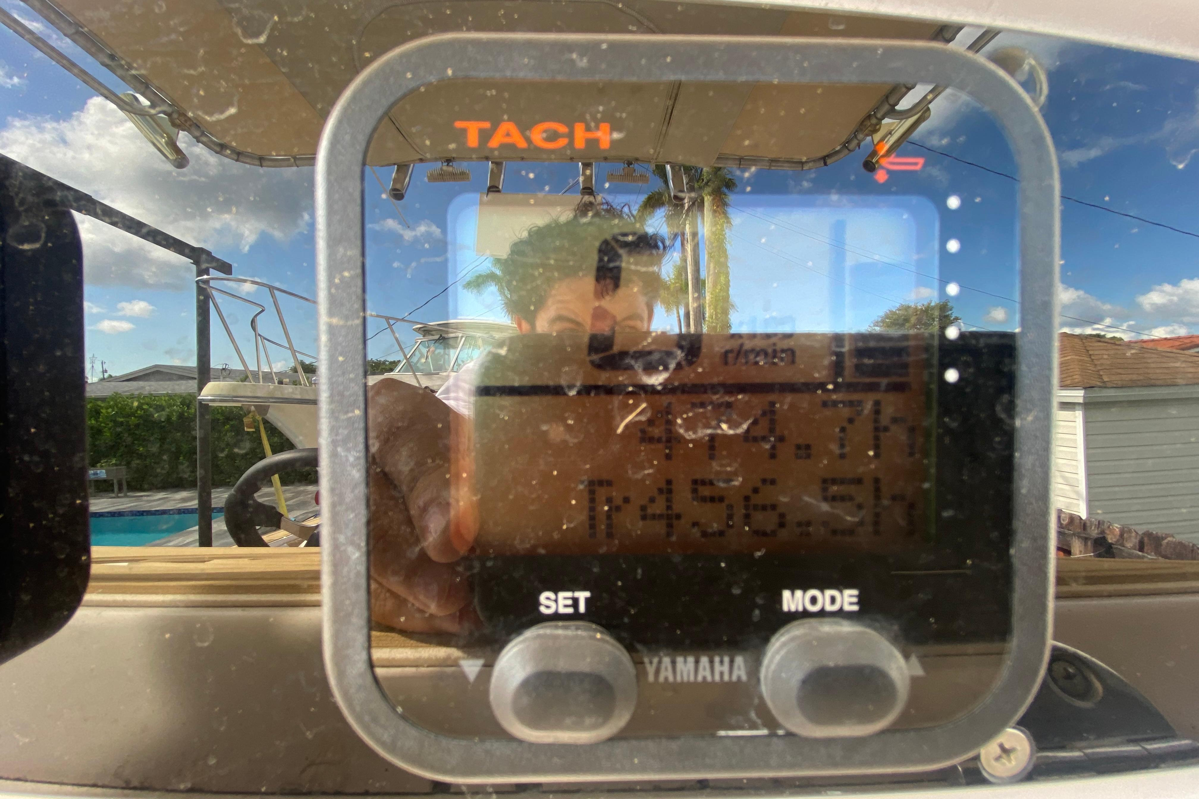 Close-up of a Yamaha tachometer on a 2004 Grady-White Canyon 283 boat.
