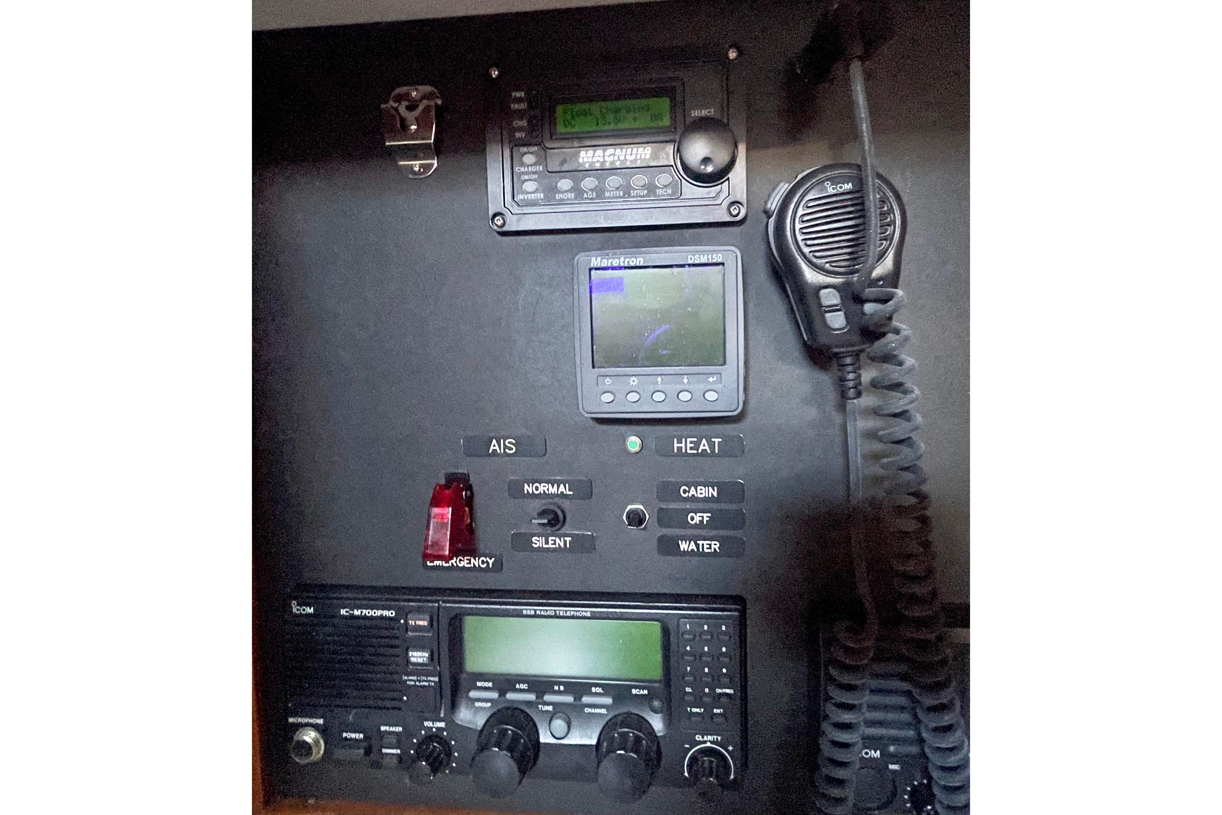 1982 Stevens cutter control panel with radio and navigation equipment.