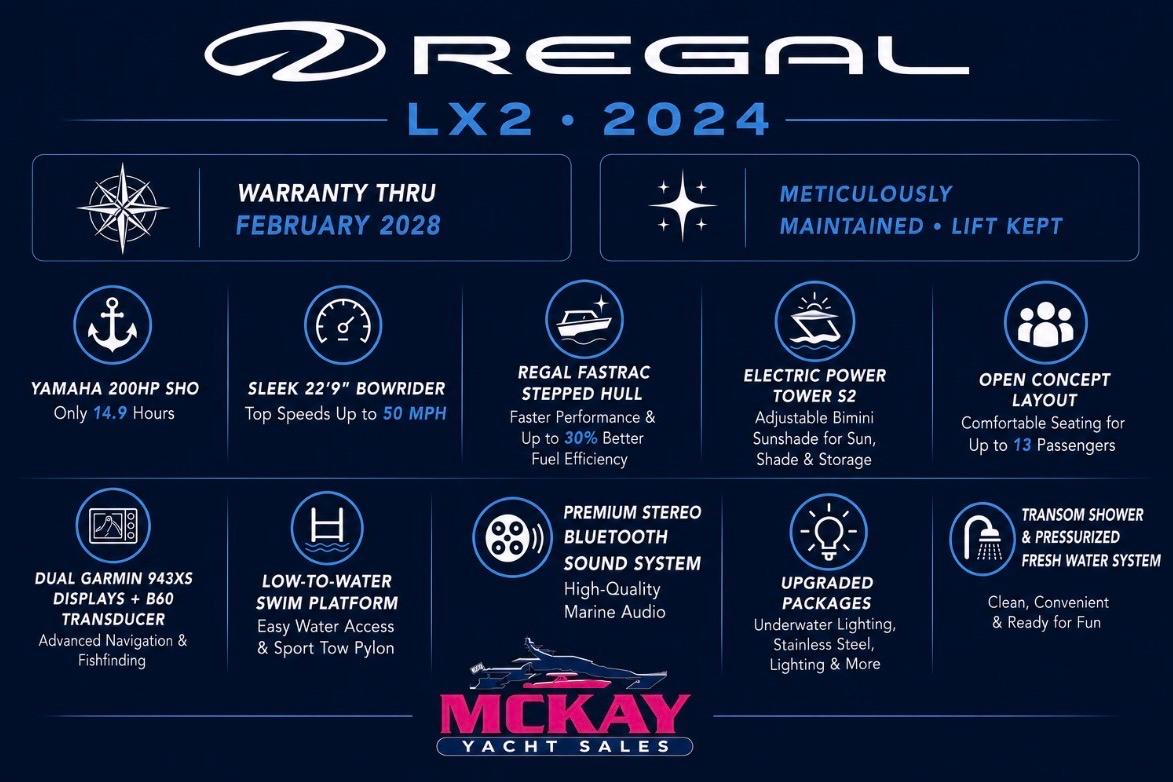 2024 Regal LX2 boat features, warranty, and specifications from McKay Yacht Sales.