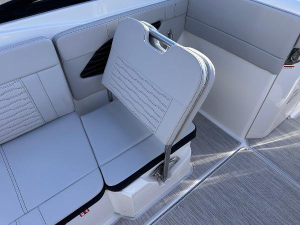 2025 Sea Ray SPX 230 OB boat interior with adjustable seating and sleek design.