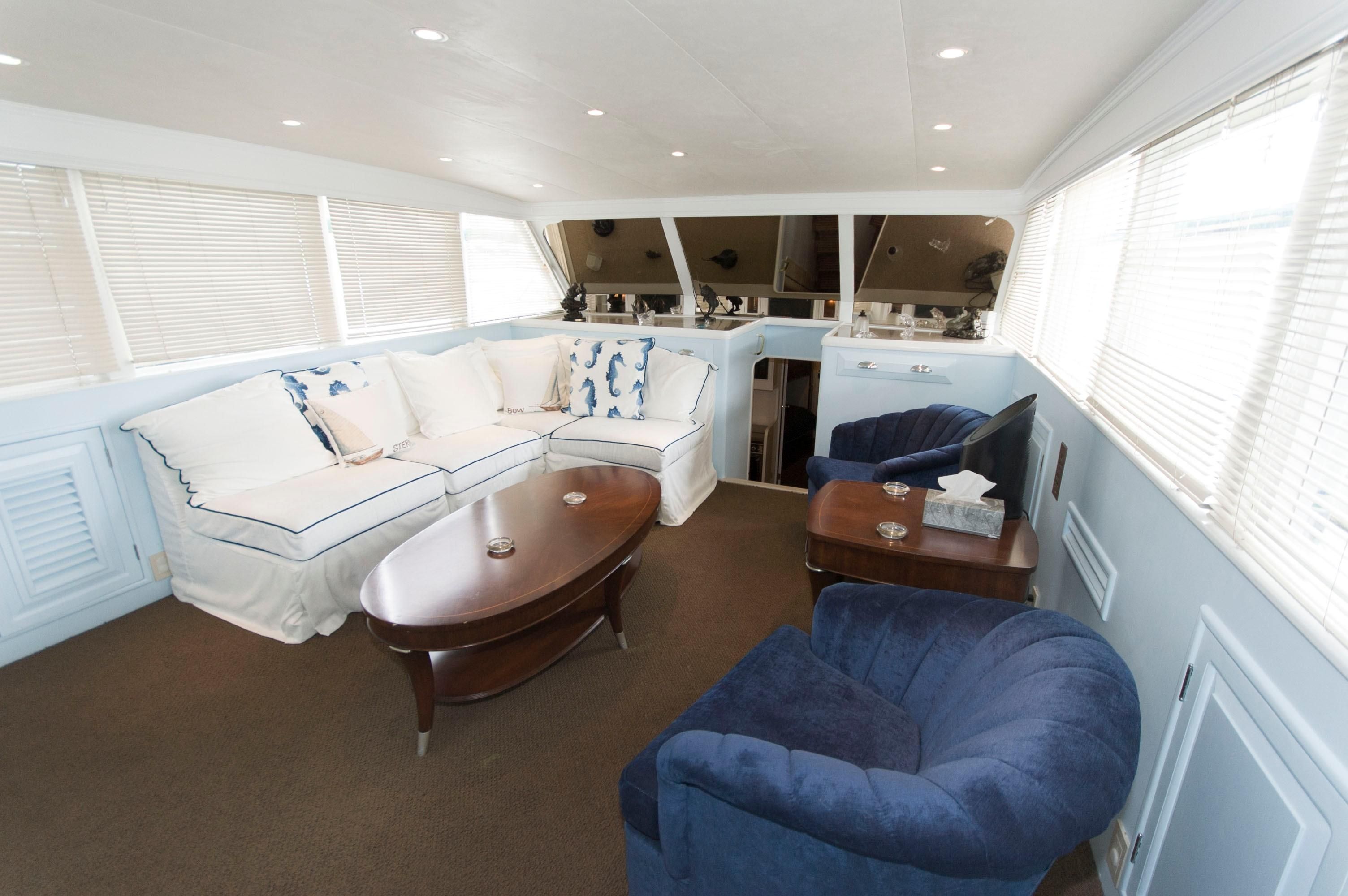 Interior of a 1963 Burger Flush Deck yacht with elegant furnishings.