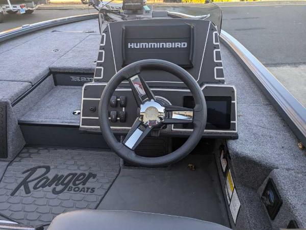 2025 Ranger ALPHA 208 boat dashboard with Humminbird electronics and steering wheel.