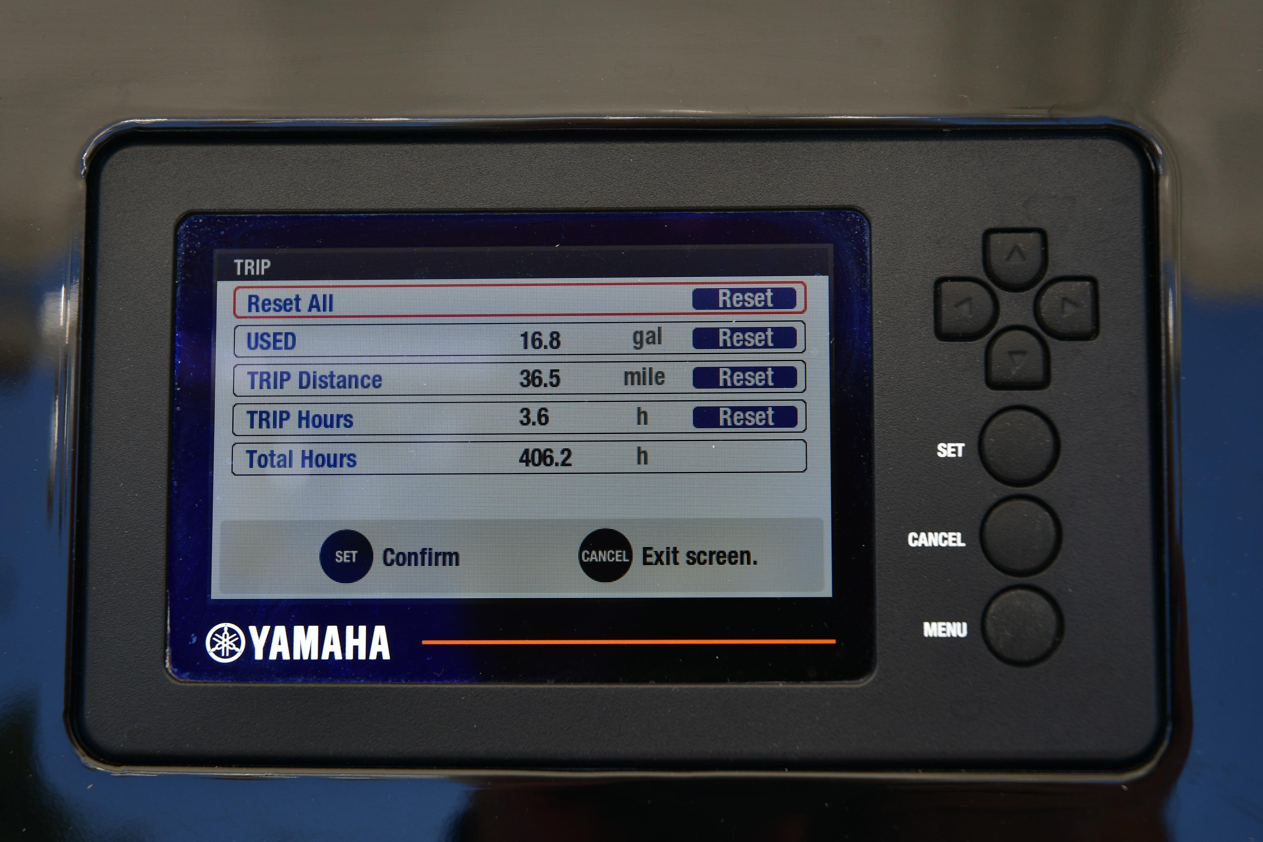 Yamaha display showing trip data on a 2020 Pursuit C 238 Center Console boat.