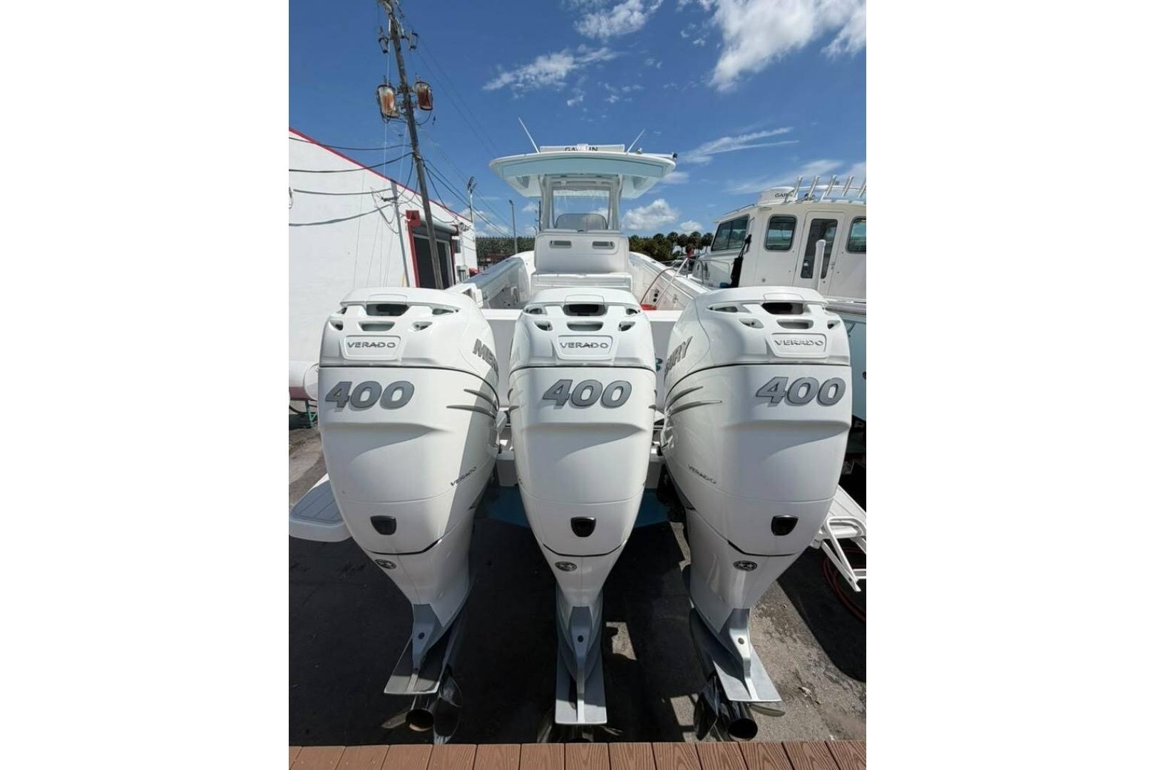 Triple Mercury Verado 400 engines on a 2020 Intrepid 375 Nomad SE boat.