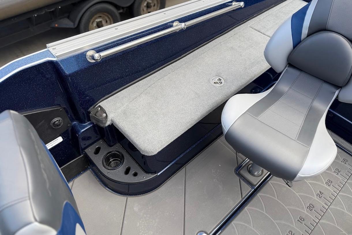 Interior of 2026 Nitro ZV21 Pro boat featuring seating and storage area.