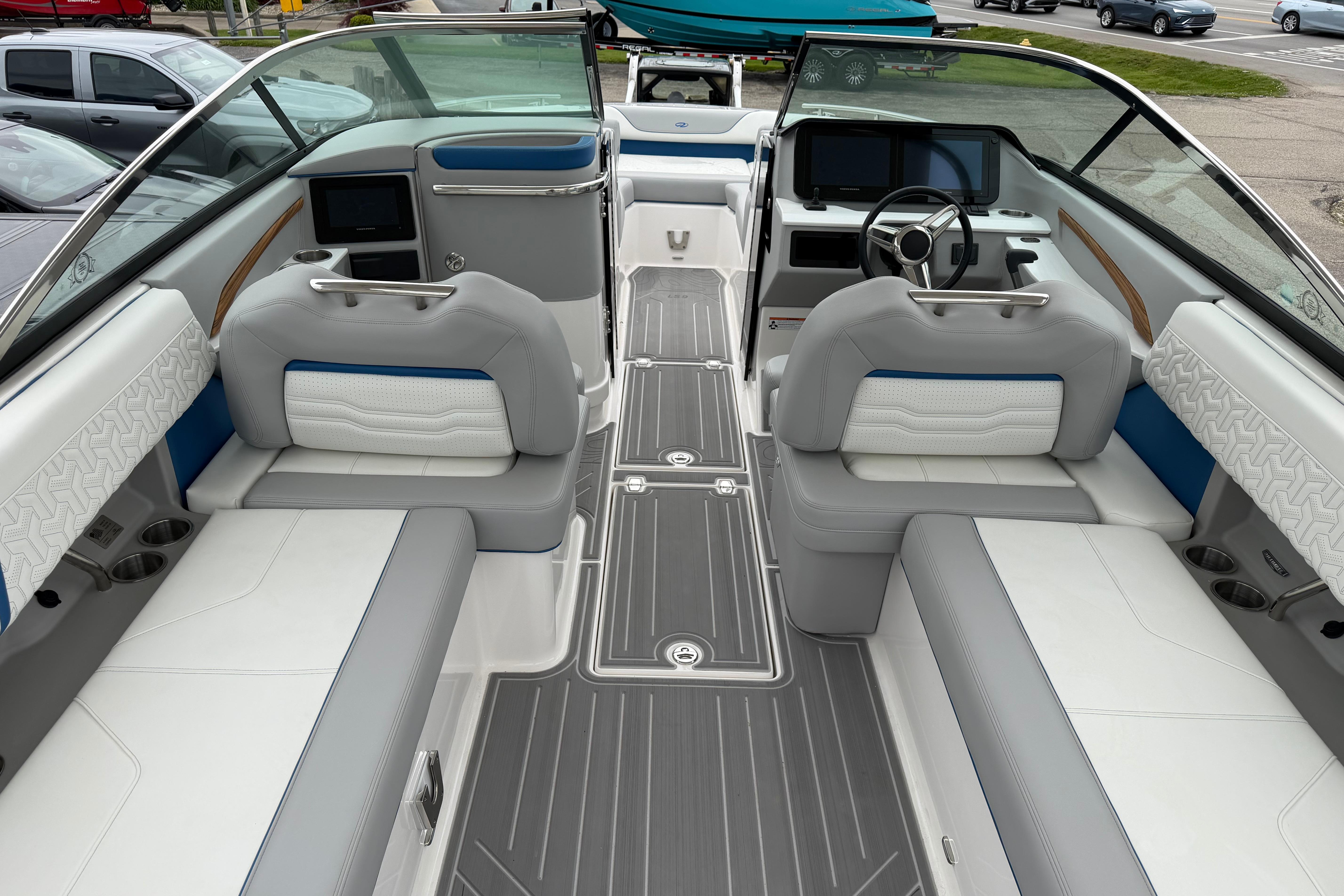 2026 Regal LS9 Surf boat interior with modern seating and sleek dashboard design.