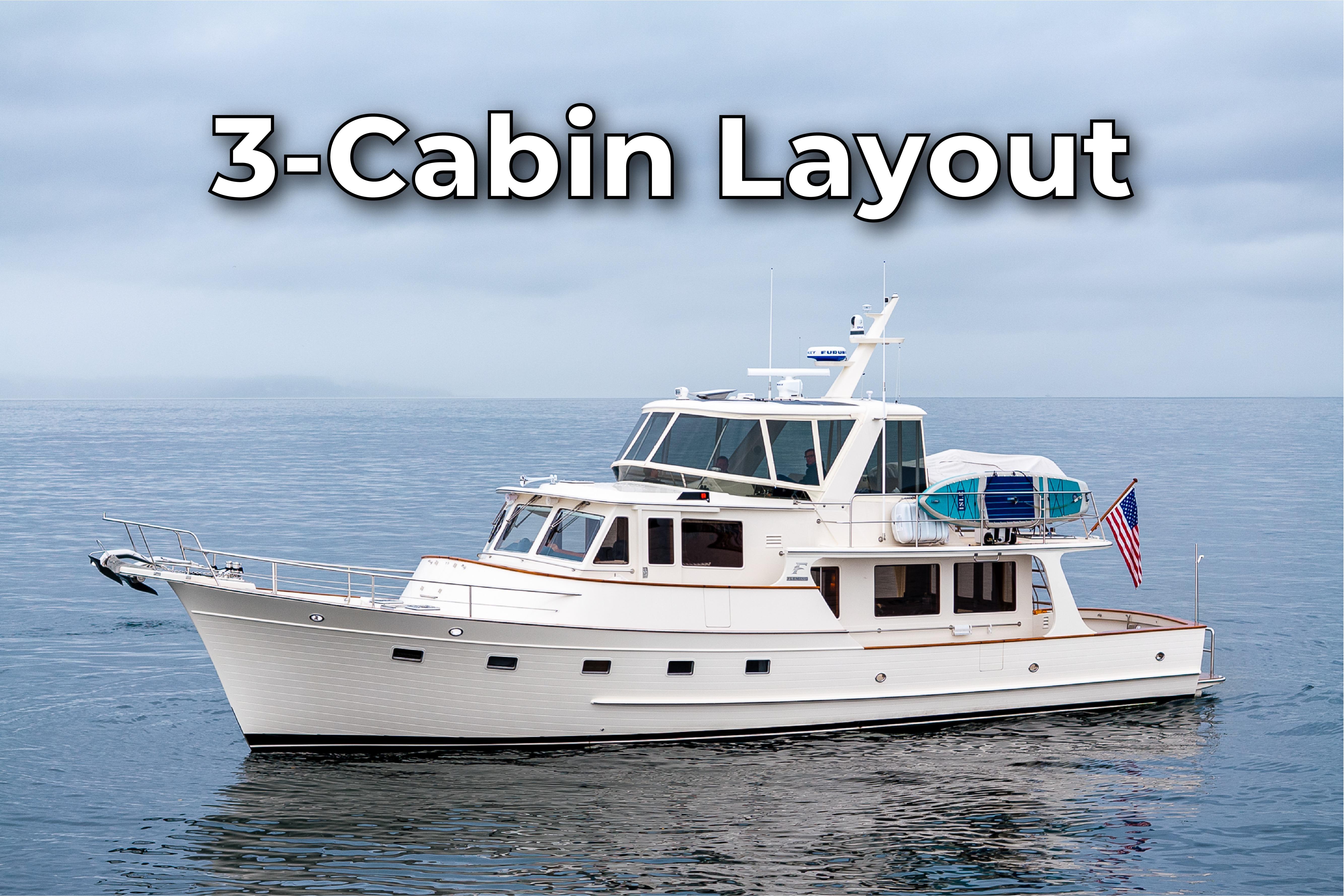 Fleming 55 Pilothouse 2027 with 3-cabin layout on calm sea.