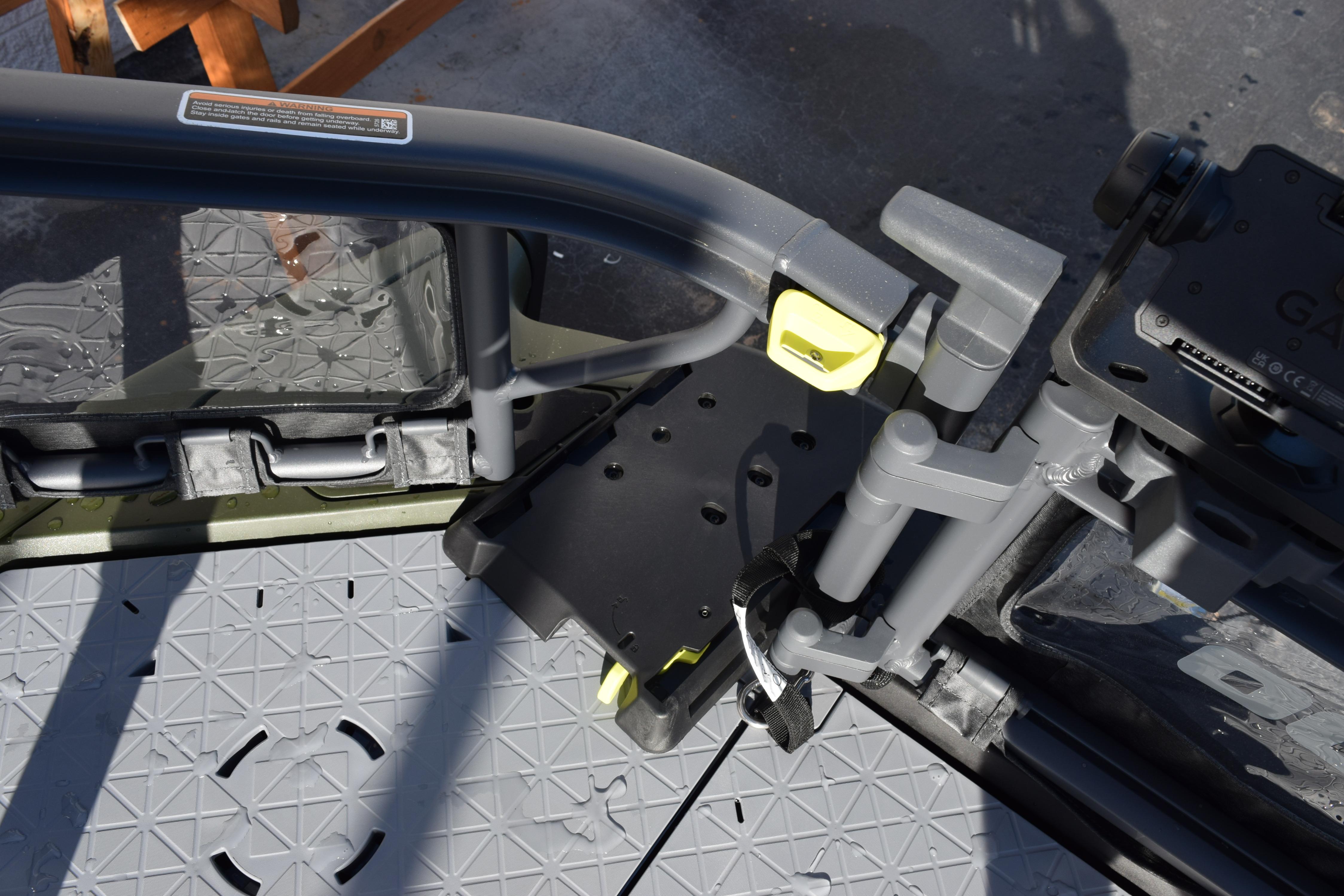Close-up of 2026 Sea-Doo Switch Fish 21 deck and railing details.