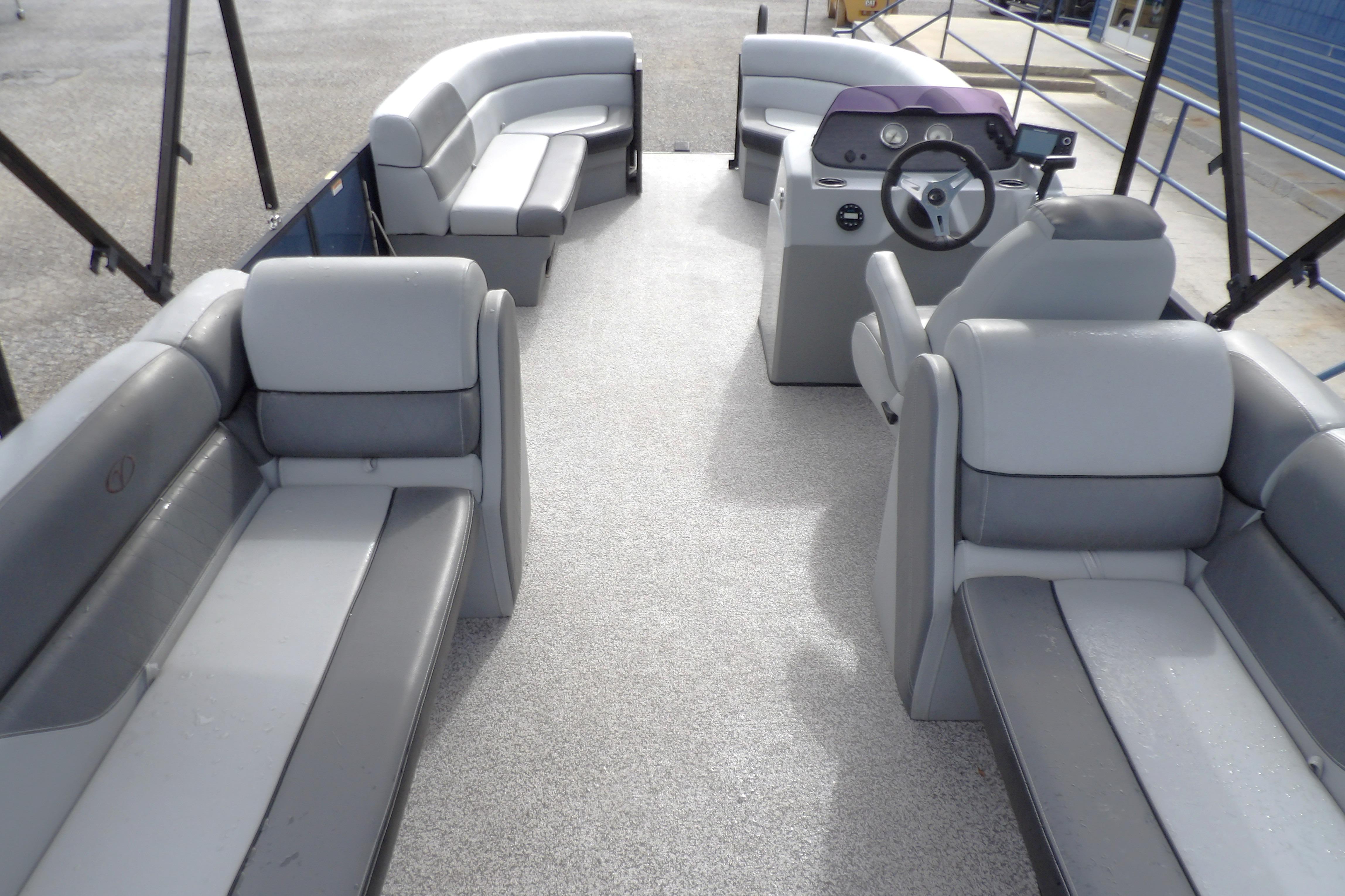 2022 Veranda Vista View 22RC pontoon boat interior with gray seating and steering console.