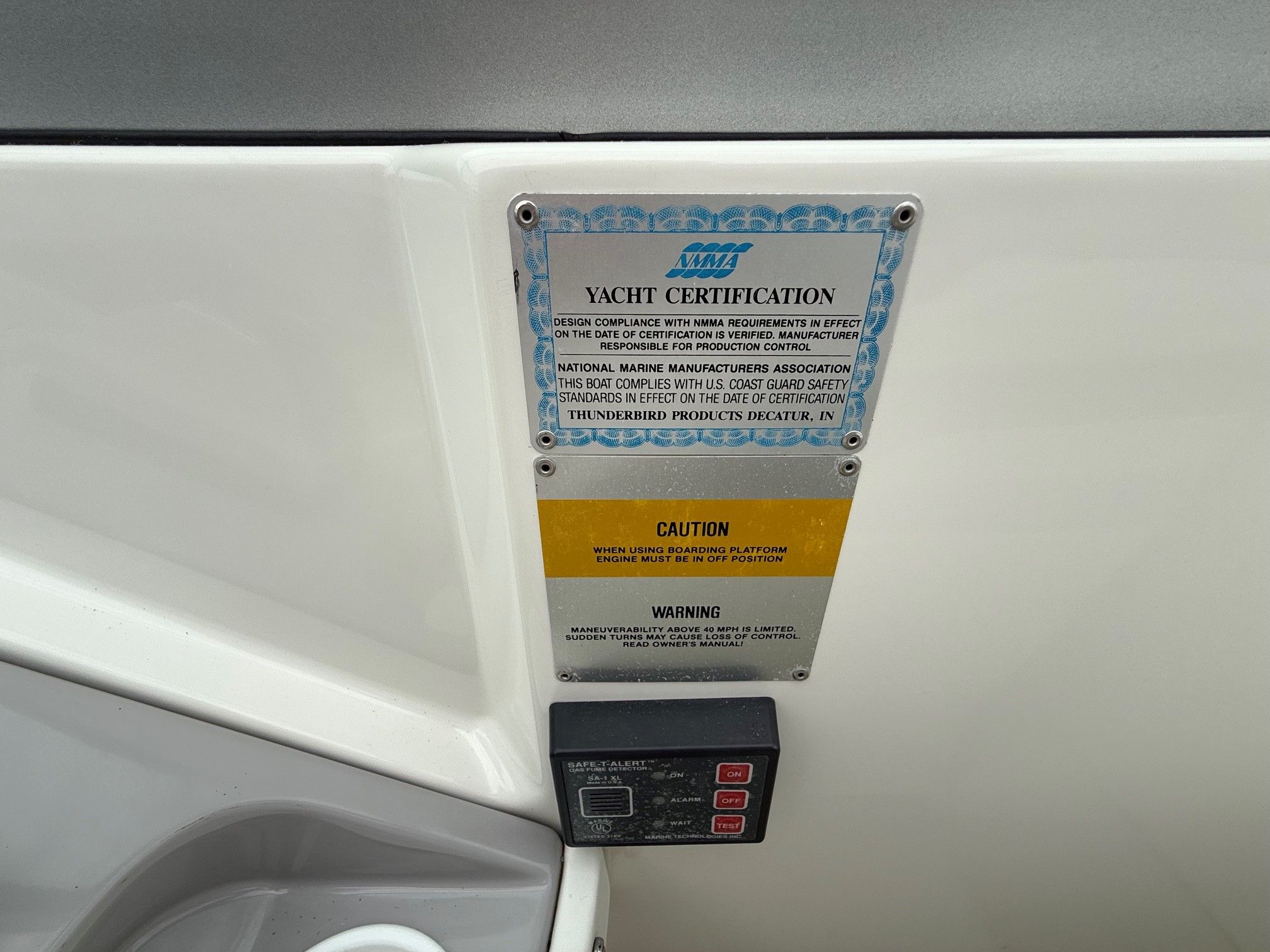 Yacht certification plaque on a 1998 Formula Thunderbird boat.