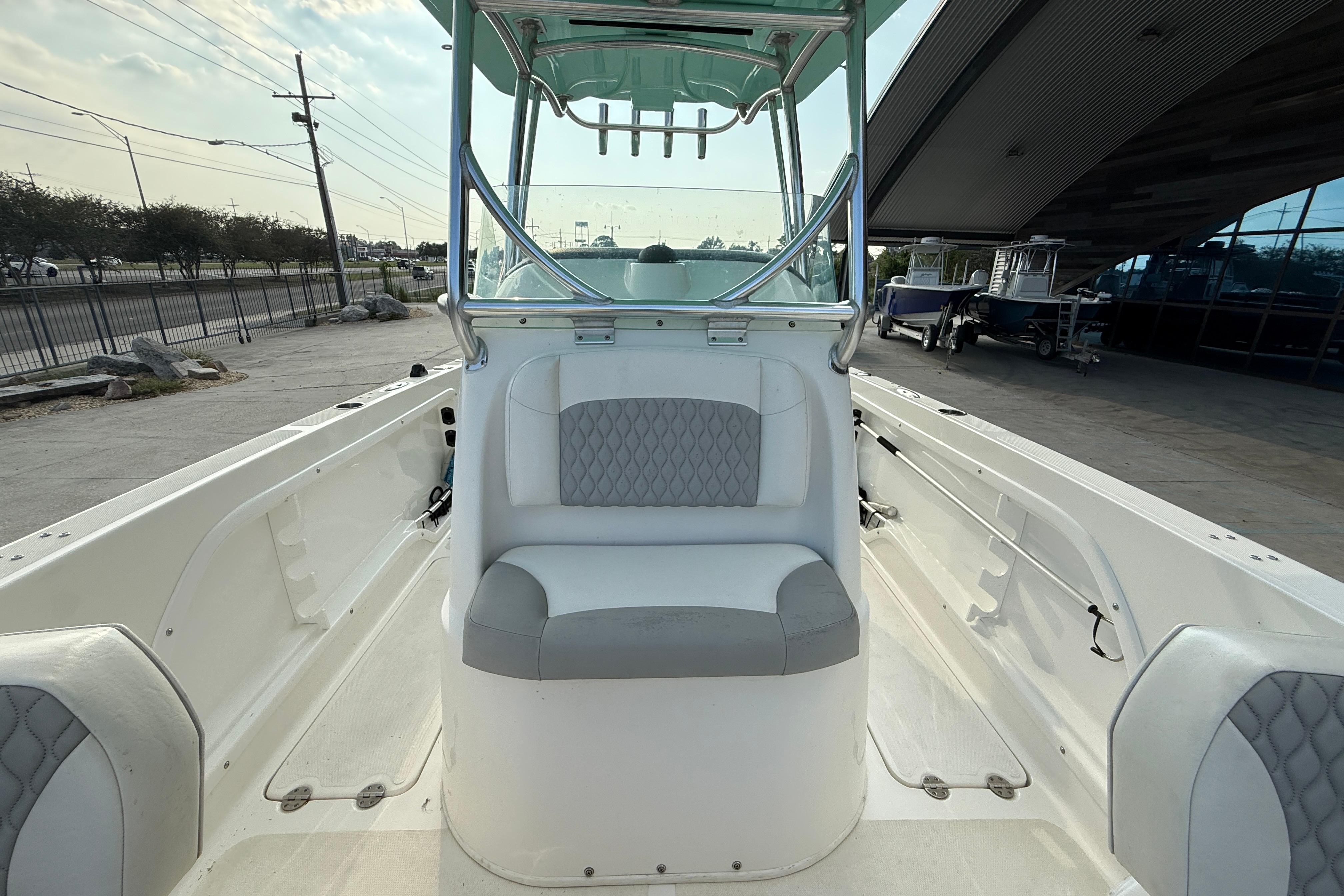 2020 Twin Vee 240 GFX CC boat interior with seating and console.