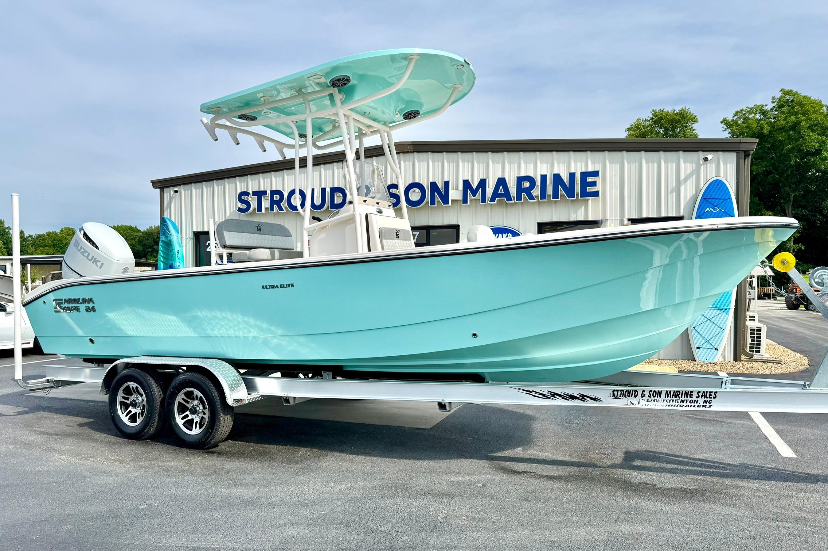 2026 Carolina Skiff 24 Ultra Elite boat on trailer at Stroud & Son Marine.