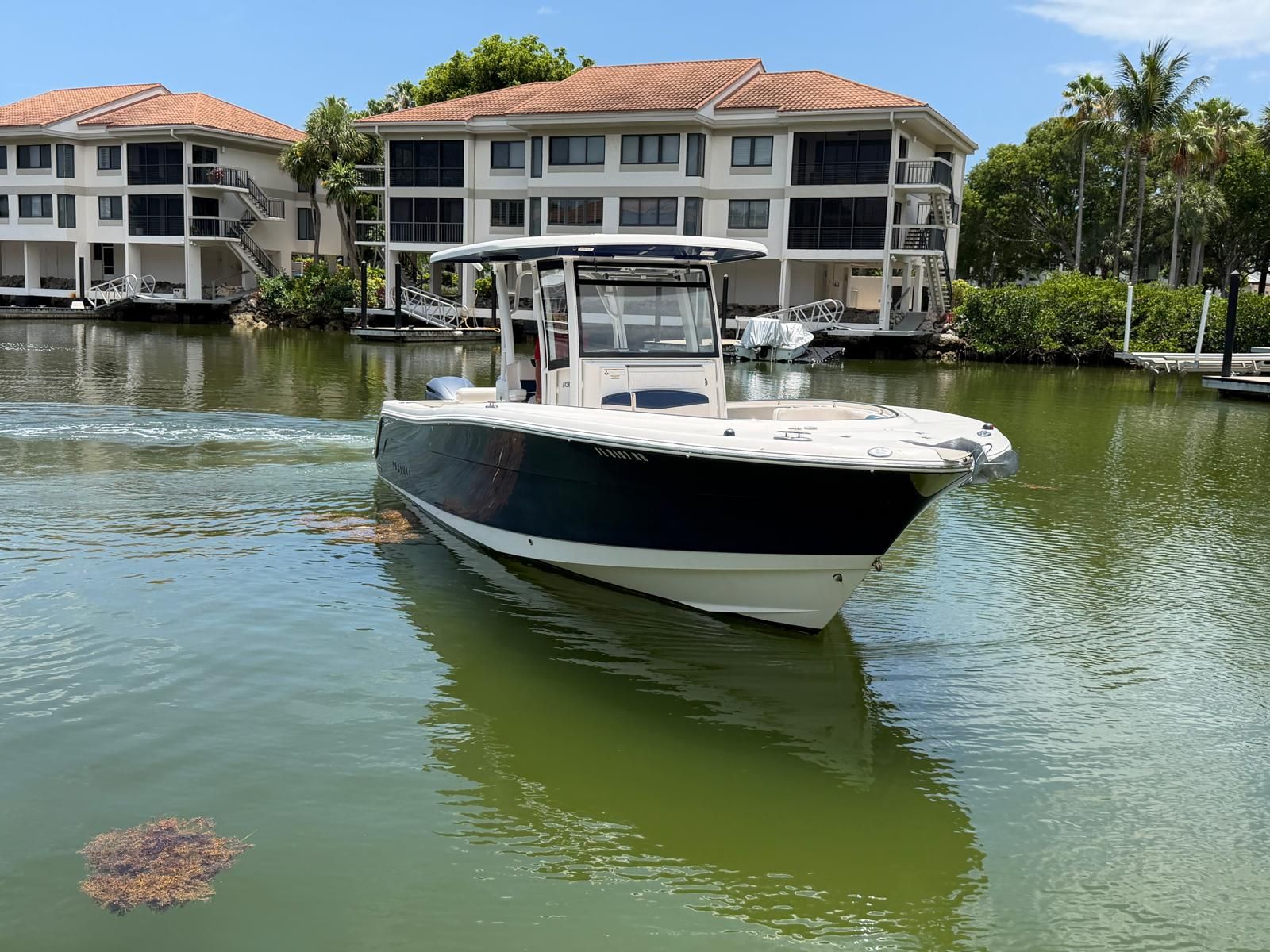 2017 Robalo R302 Center Console boat on calm water near buildings.